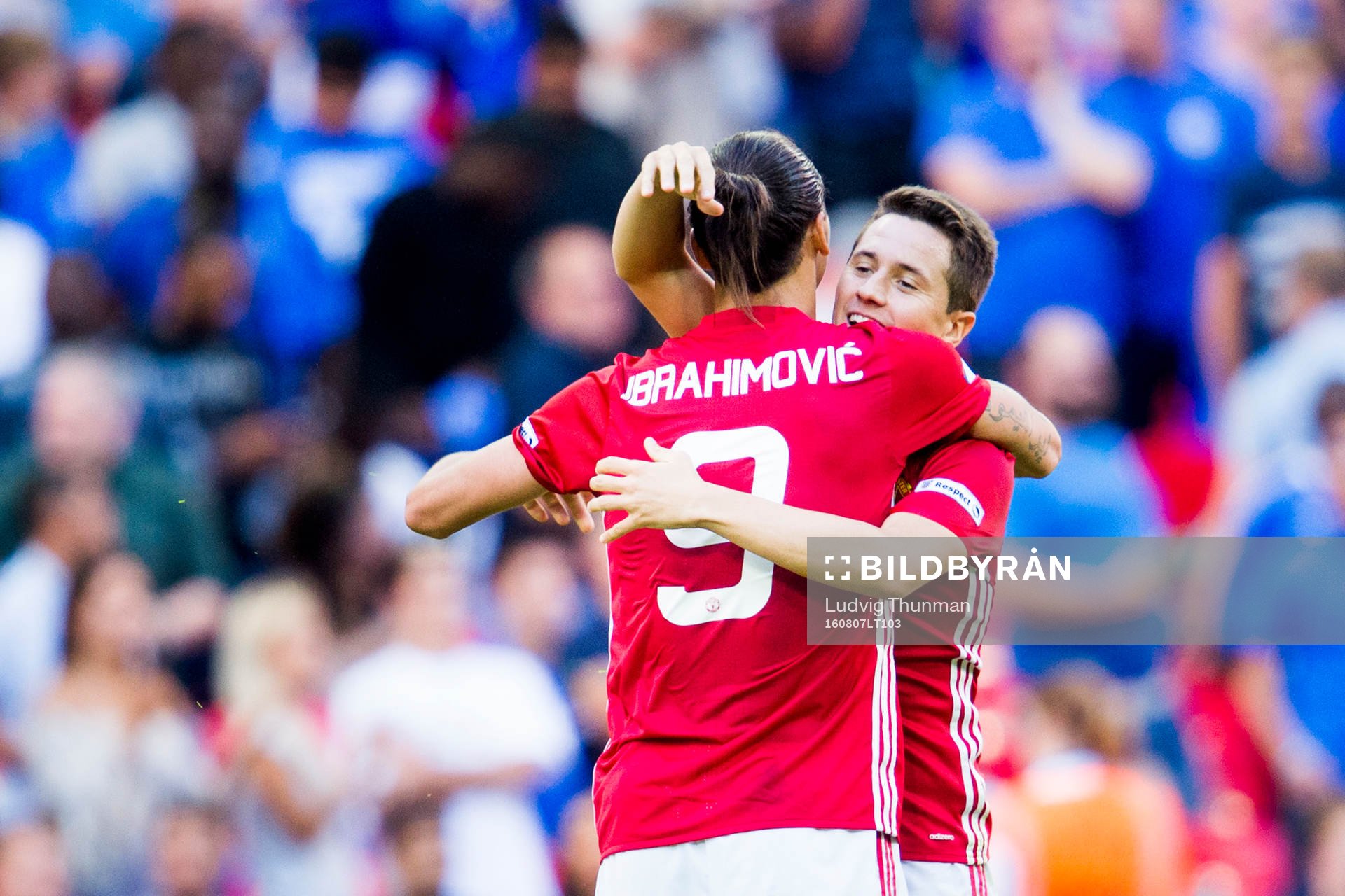 Manchester Uniteds Zlatan Ibrahimovic jublar efter Ander Herrera efter segern i fotbollsmatchen Community Shield mellan Leicester City och Manchester United den 7 augusti 2016 i London.