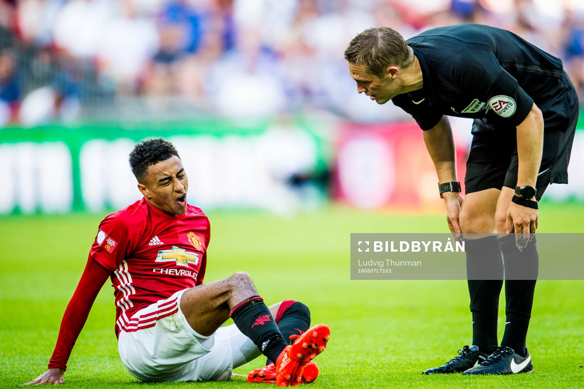 Manchester Uniteds Jesse Lingard i samtal med domare Craig