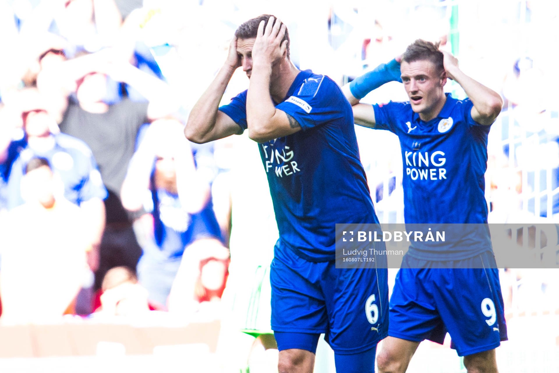 Leicester Citys Robert Huth och Jamie Vardy deppar