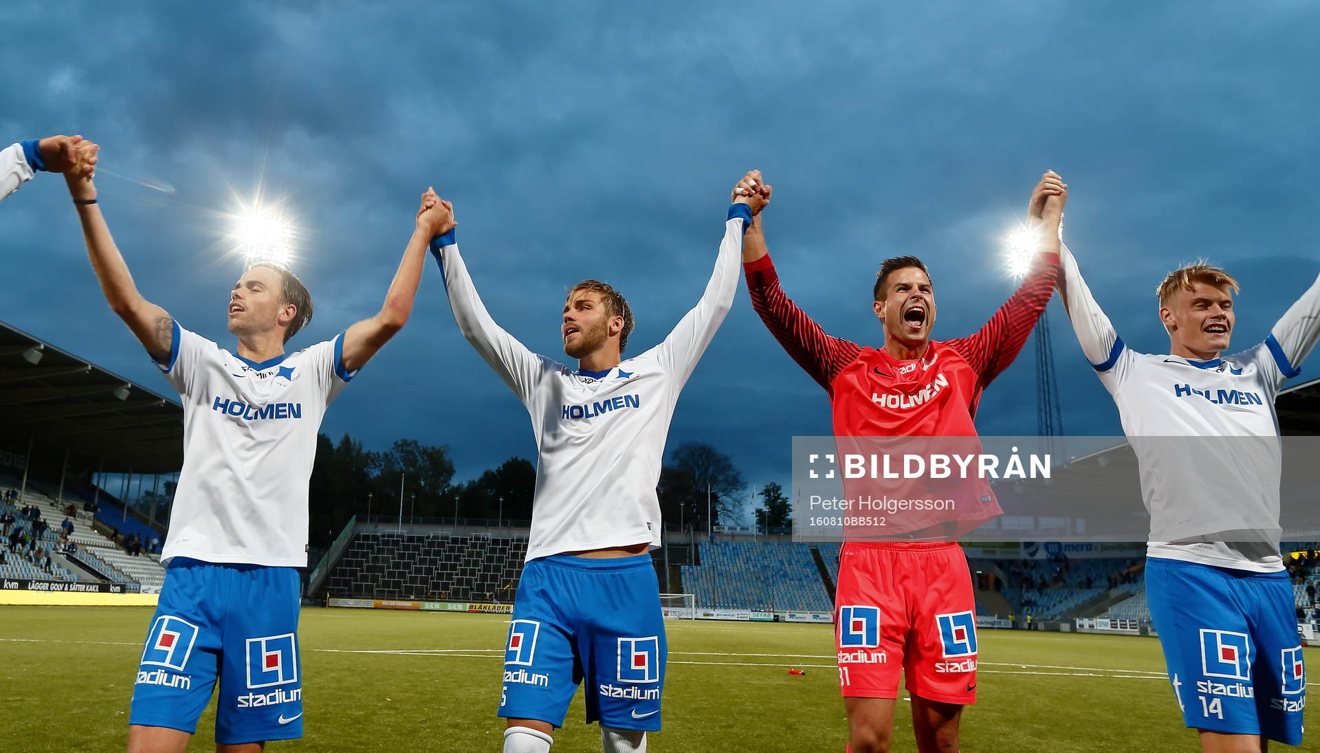 Norrköpings Andreas Blomqvist, Christoffer Nyman, målvakt Michael Langer och Eric Smith jublar under fotbollsmatchen i Allsvenskan mellan Norrköping och Häcken den 10 augusti 2016 i Norrköping.
