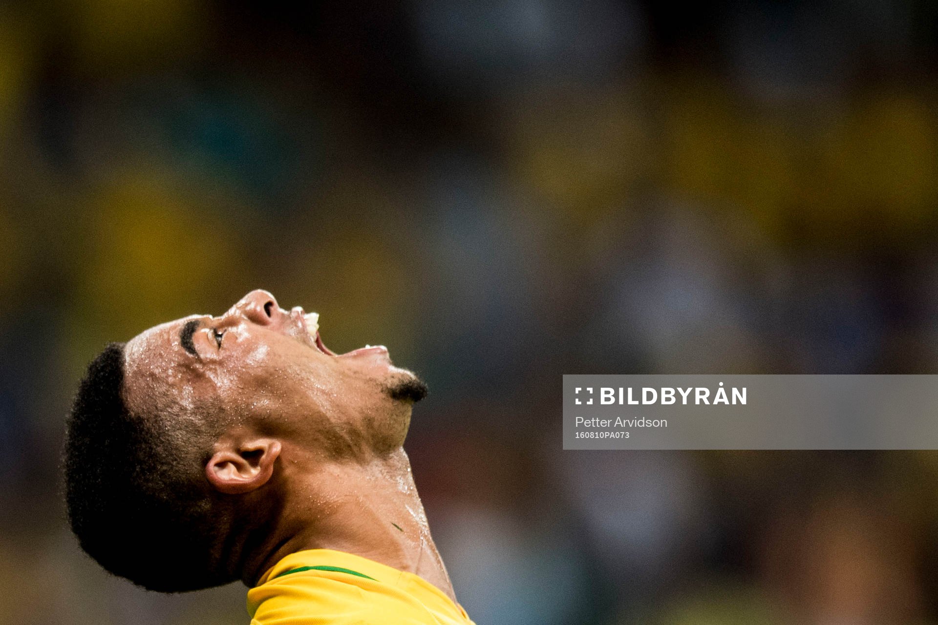 Brasiliens Gabriel Jesus reagerar under fotbollsmatchen mellan Brasilien och Danmark den 10 augusti 2016 under OS i Salvador.