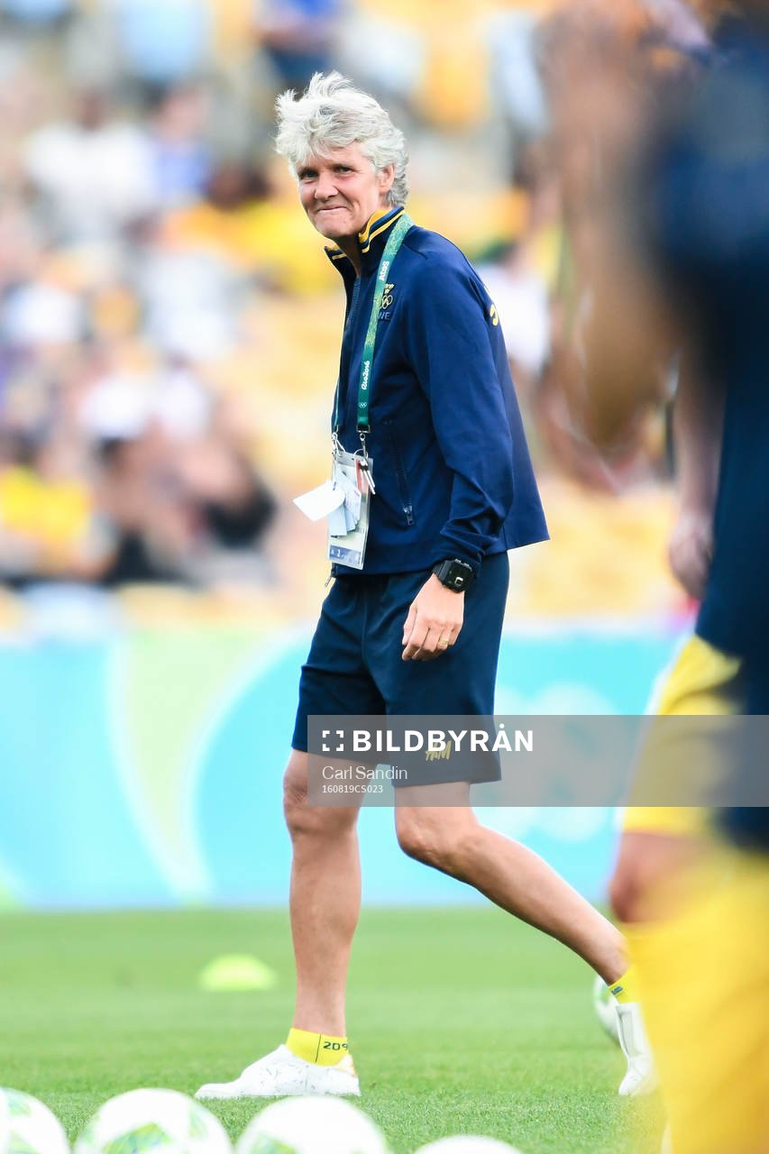 Sveriges förbundskapten Pia Sundhage före fotbollsfinalen