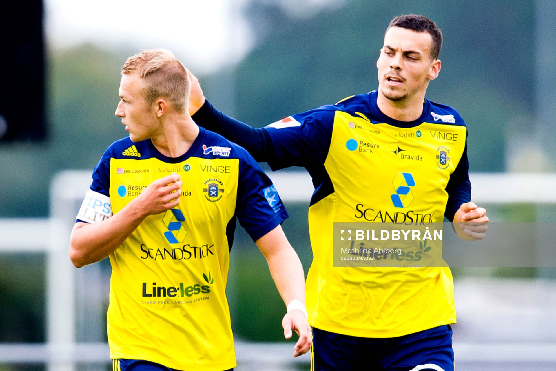 Ängelholms Christian Ljungberg och Dennis Stojanovic Fredin under fotbollsmatchen i Superettan mellan Ängelholm och Trelleborg den 20 augusti 2016 i Ängelholm.