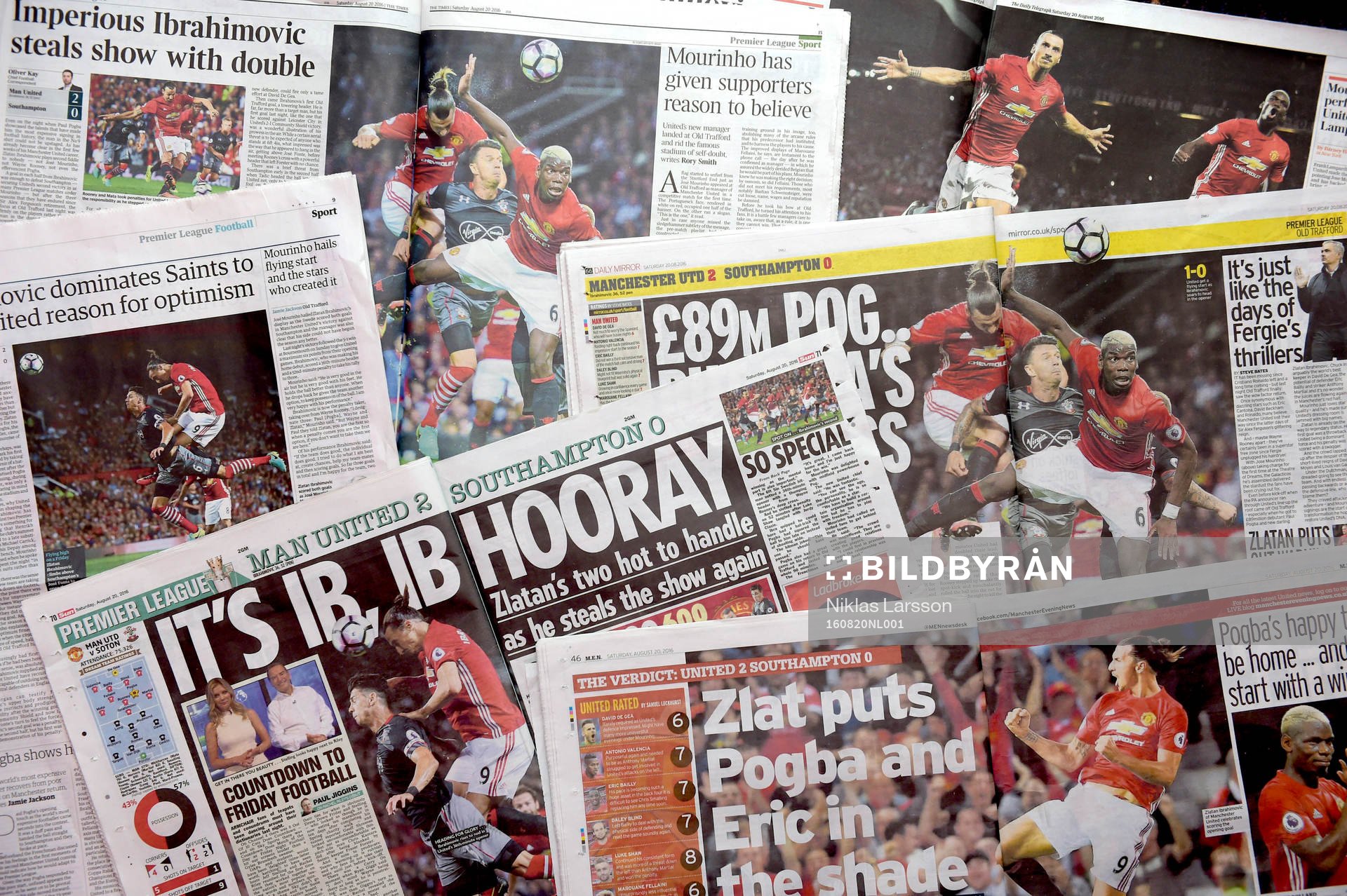 Engelska tidningar skriver om Zlatan Ibrahimovic dagen efter hemmapremiären den 20 augusti 2016 i Manchester.