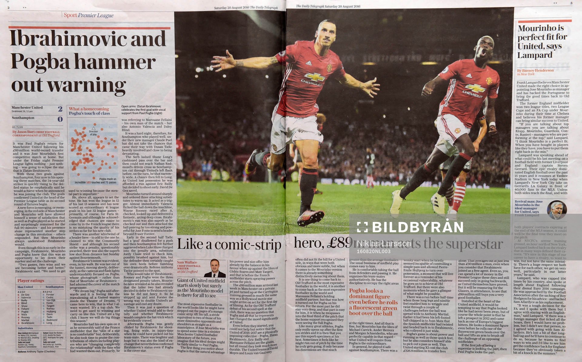 Engelska tidningar skriver om Zlatan Ibrahimovic dagen efter hemmapremiären den 20 augusti 2016 i Manchester.