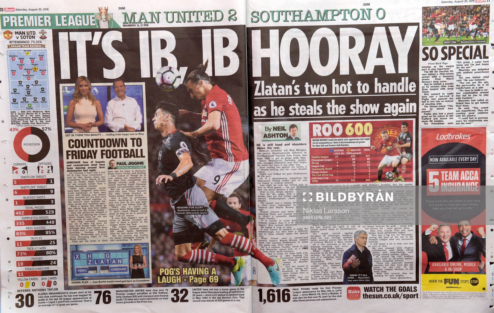 Engelska tidningar skriver om Zlatan Ibrahimovic dagen efter hemmapremiären den 20 augusti 2016 i Manchester.