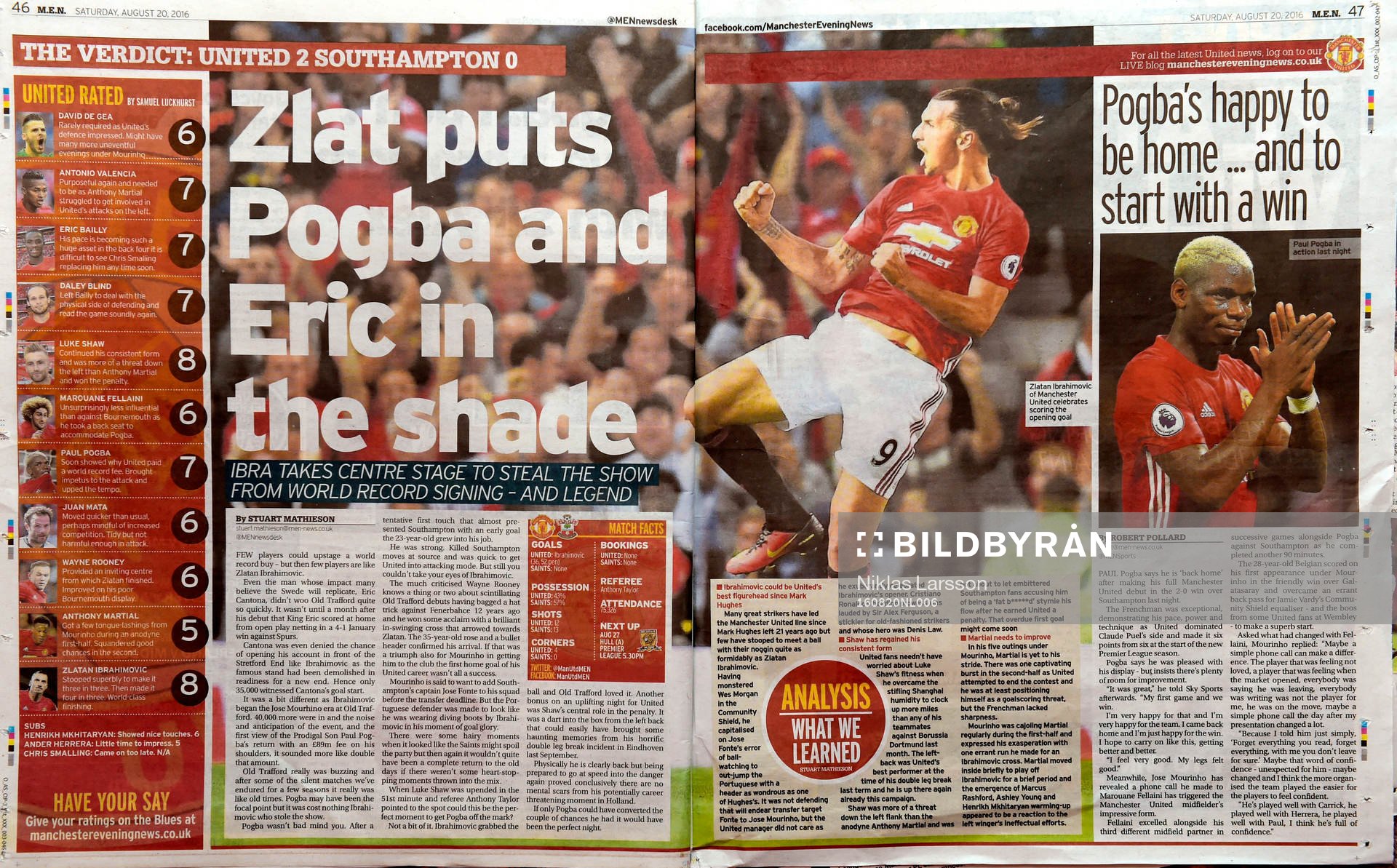 Engelska tidningar skriver om Zlatan Ibrahimovic dagen efter hemmapremiären den 20 augusti 2016 i Manchester.