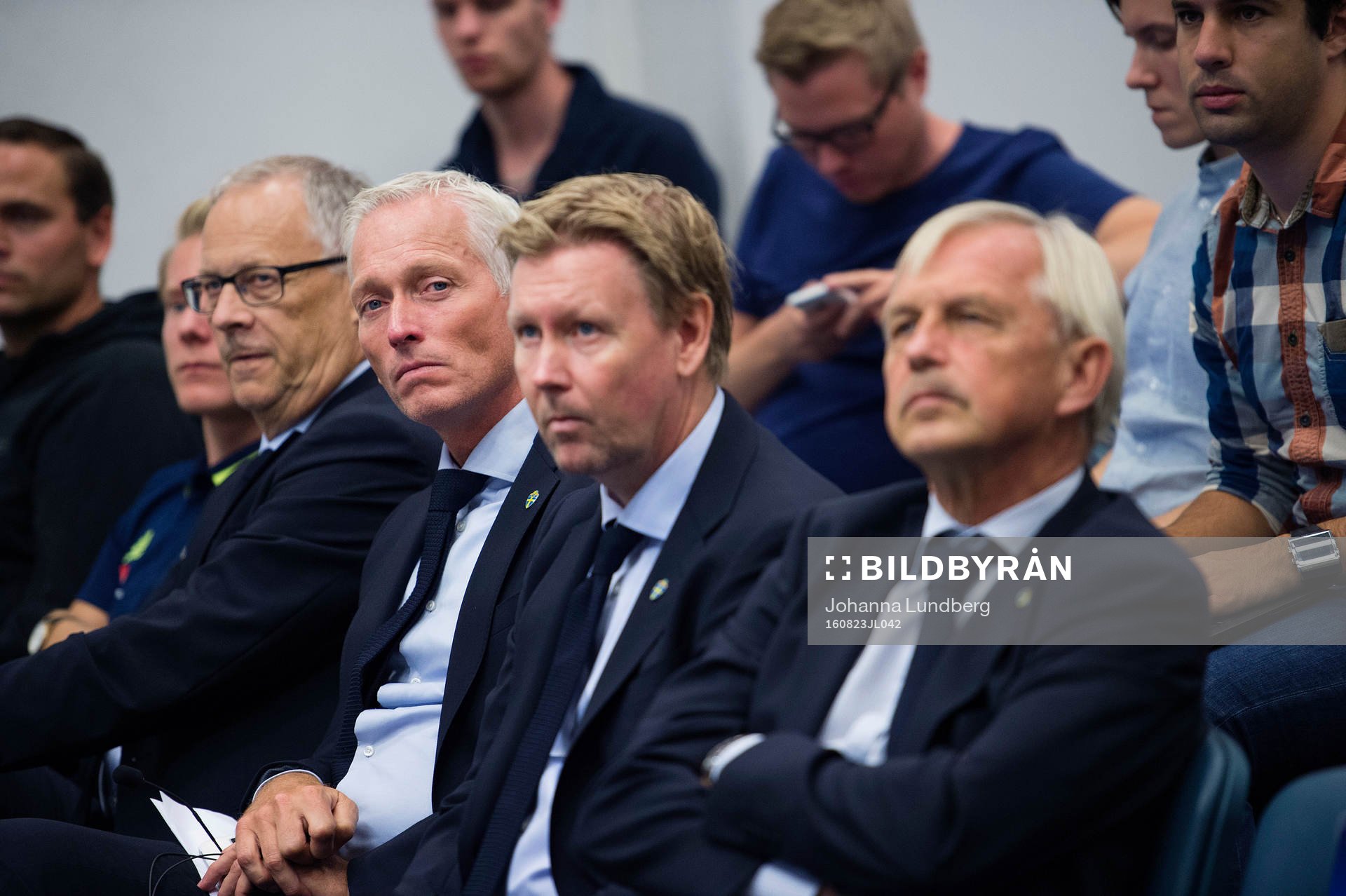 Sveriges rådgivare Lars Lagerbäck, svenska fotbollförbundets generalsekreterare Håkan Sjöstrand, assisterande förbundskapten Peter Wettergren och landslagschef Lars Richt under en presskonferens anordnad av svenska fotbollsförbundet den 23 augusti 2016 i Stockholm.