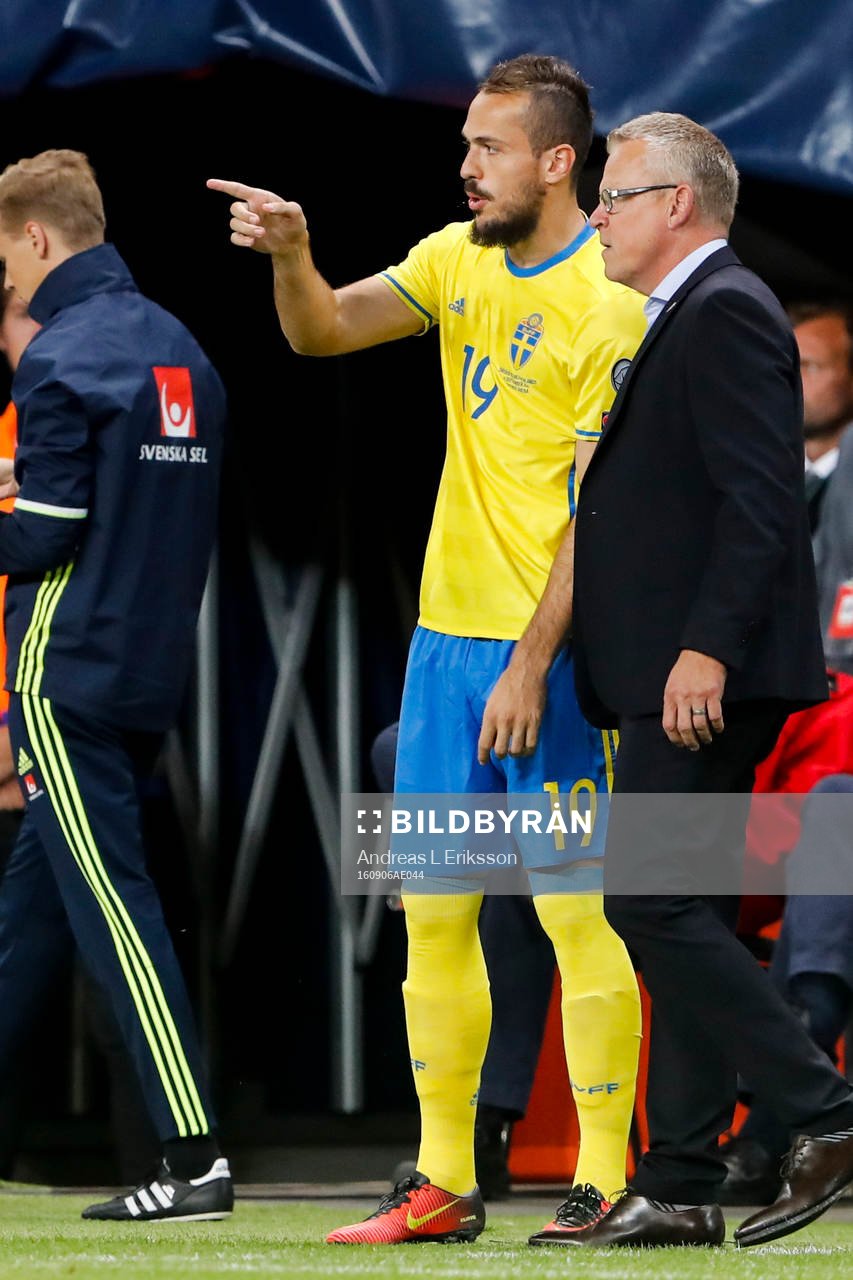 Sveriges Emir Kujovic och förbundskapten Janne Andersson