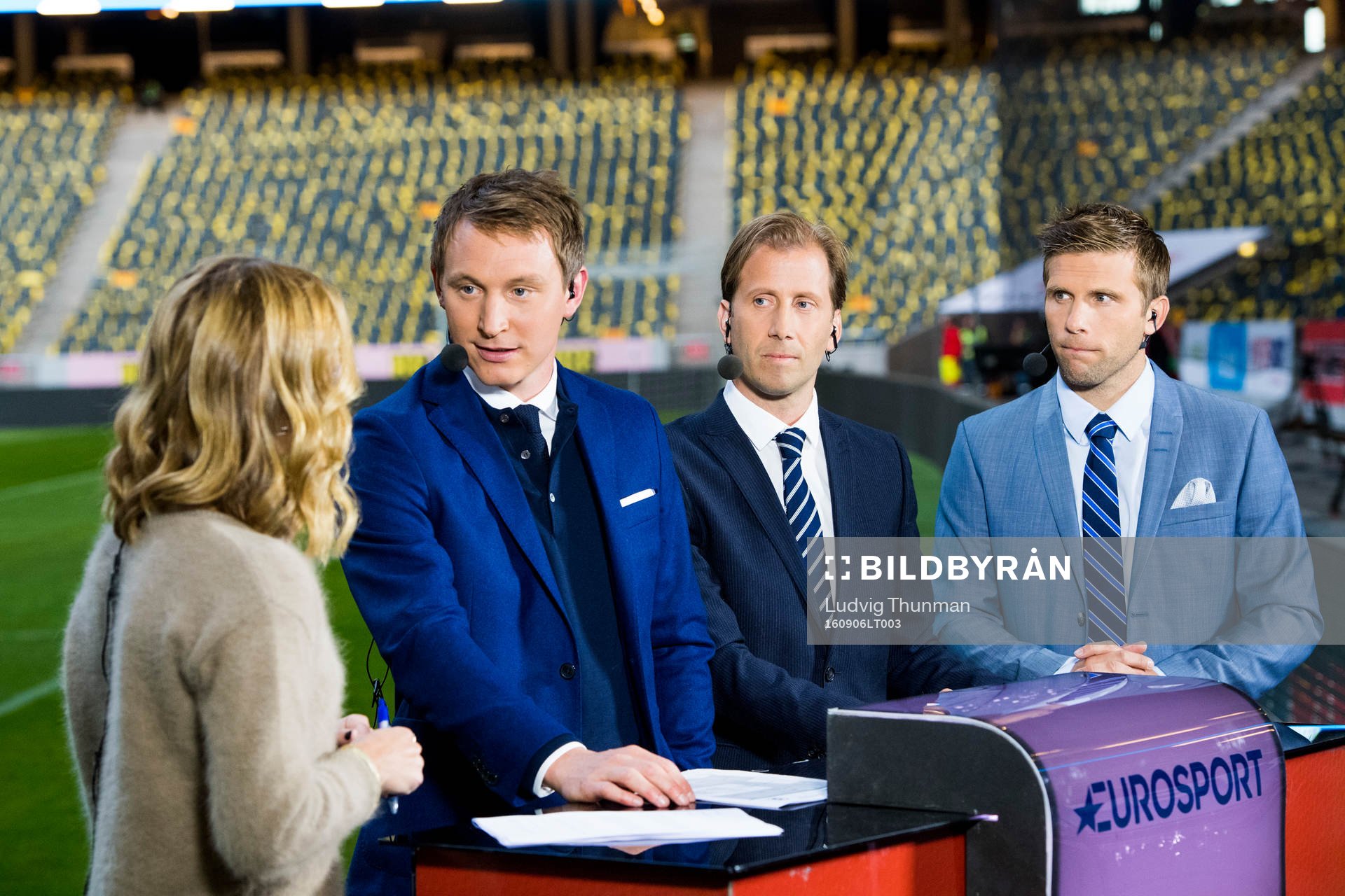Eurosports studio med experterna Karin Frick, Kim Källström, Simon Bank och Anders Svensson inför fotbollsmatchen i VM-kvalet mellan Sverige och Holland den 6 september 2016 i Stockholm.