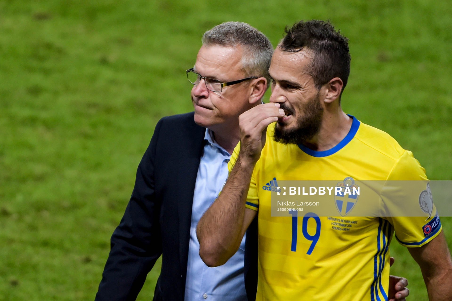 Sveriges förbundskapten Janne Andersson och Emir Kujovic