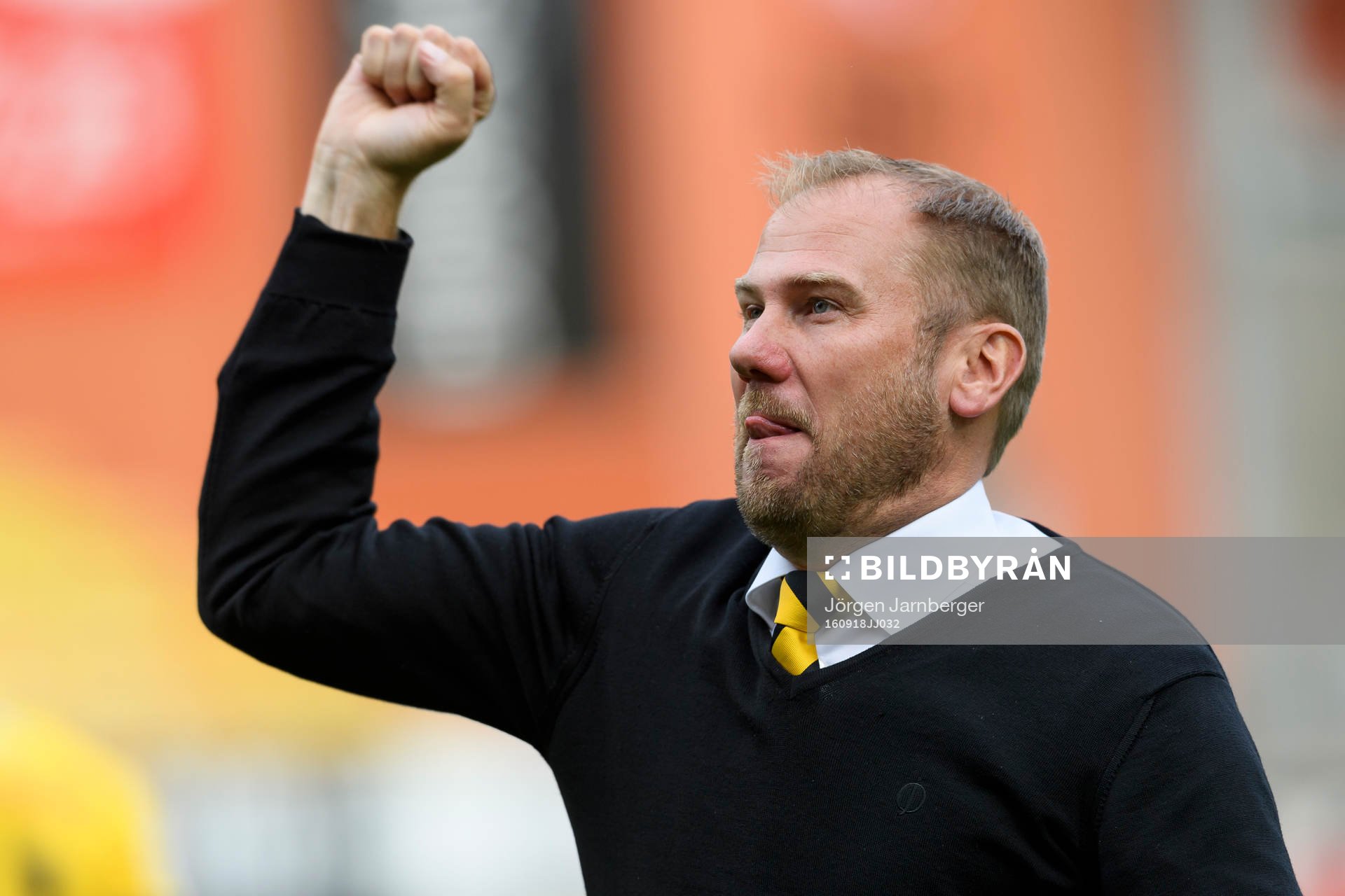 Elfsborgs manager Magnus Haglund jublar under fotbollsmatchen i Allsvenskan mellan Elfsborg och Falkenberg den 18 september 2016 i BORÅS.