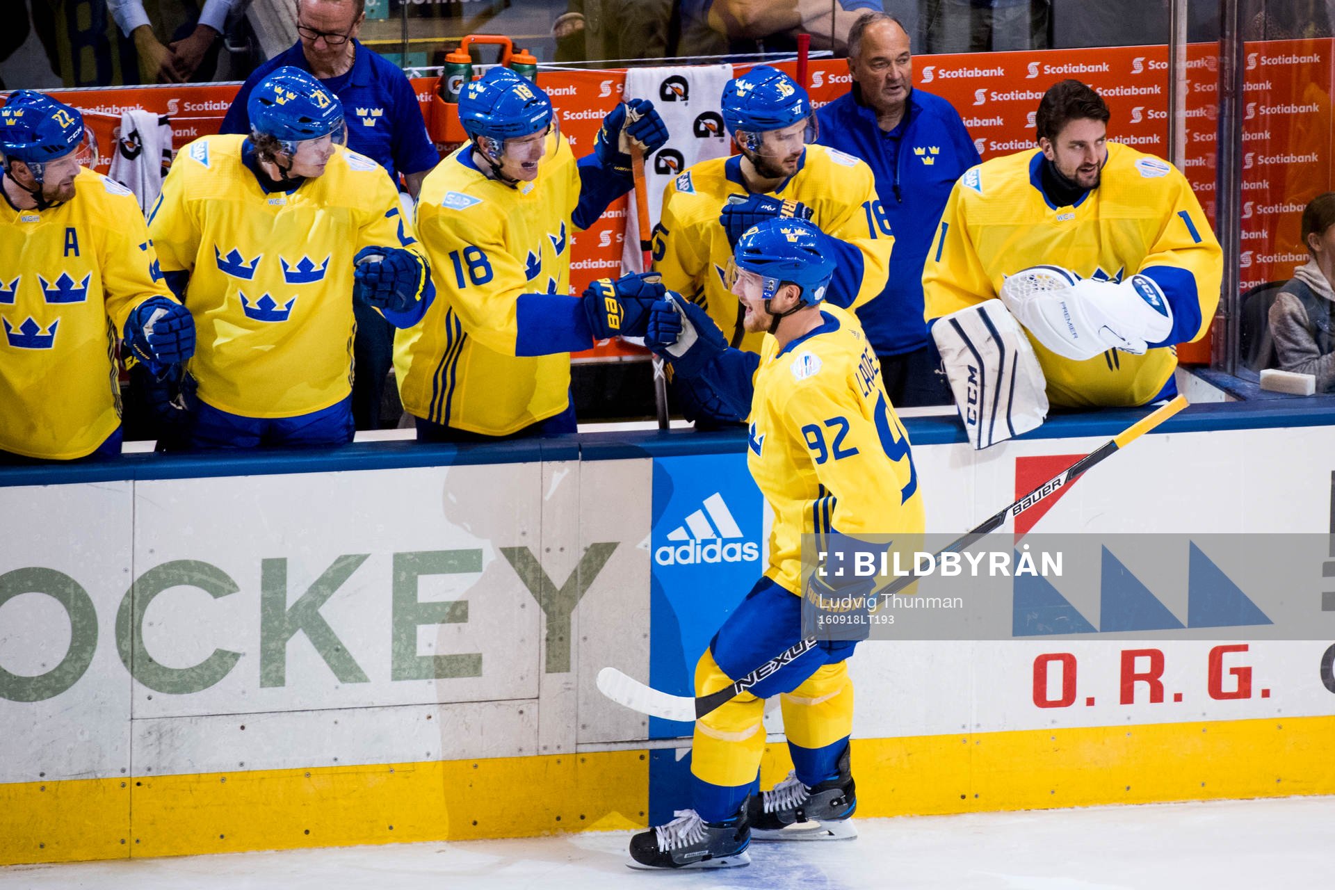 Sveriges Gabriel Landeskog jublar med bänken
