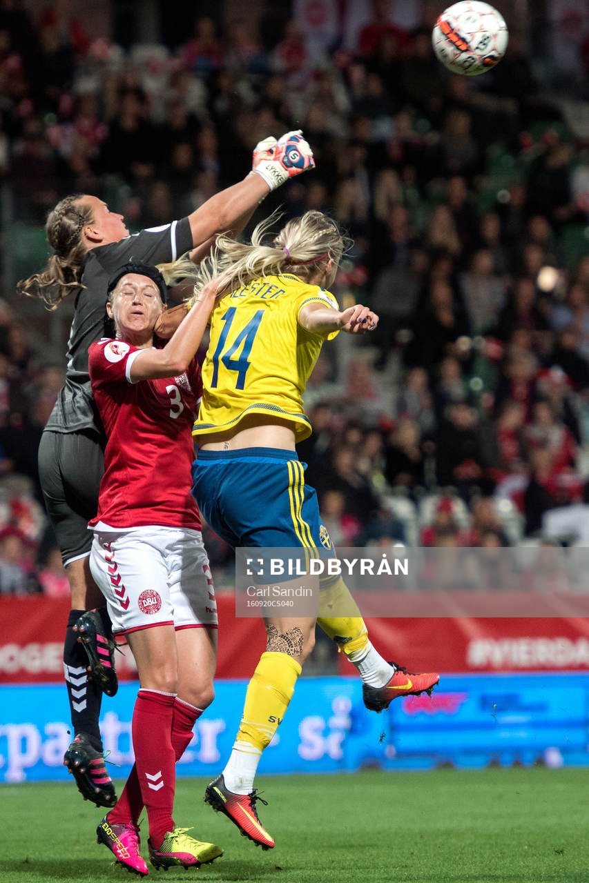 Danmarks målvakt Stina Petersen boxar undan en boll bakom