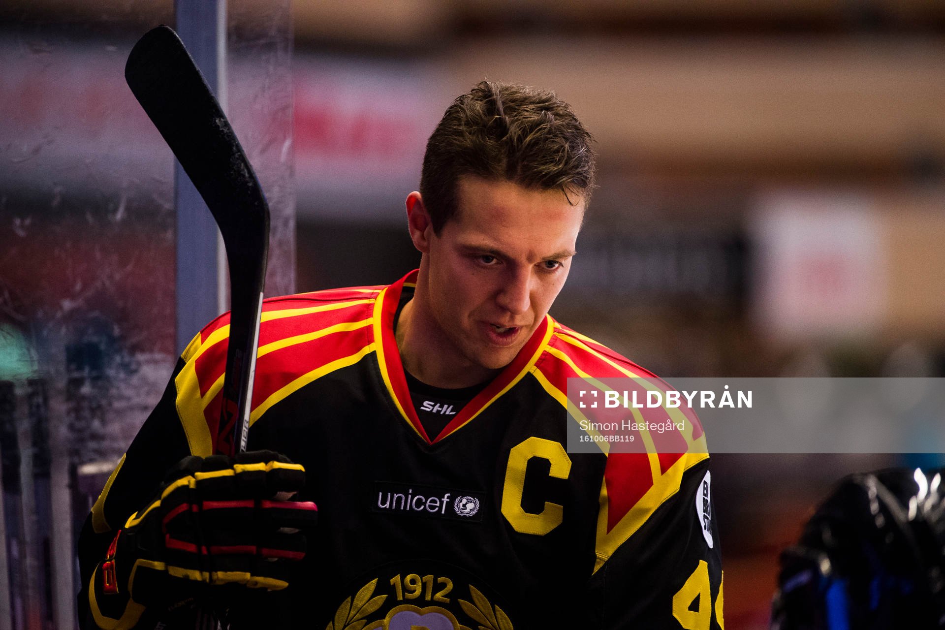 Brynäs Jacob Blomqvist före ishockeymatchen i SHL mellan