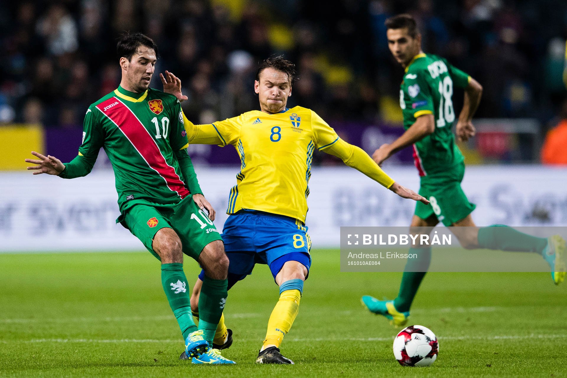 Bulgariens Ivelin Popov och Albin Ekdal tampas om bollen