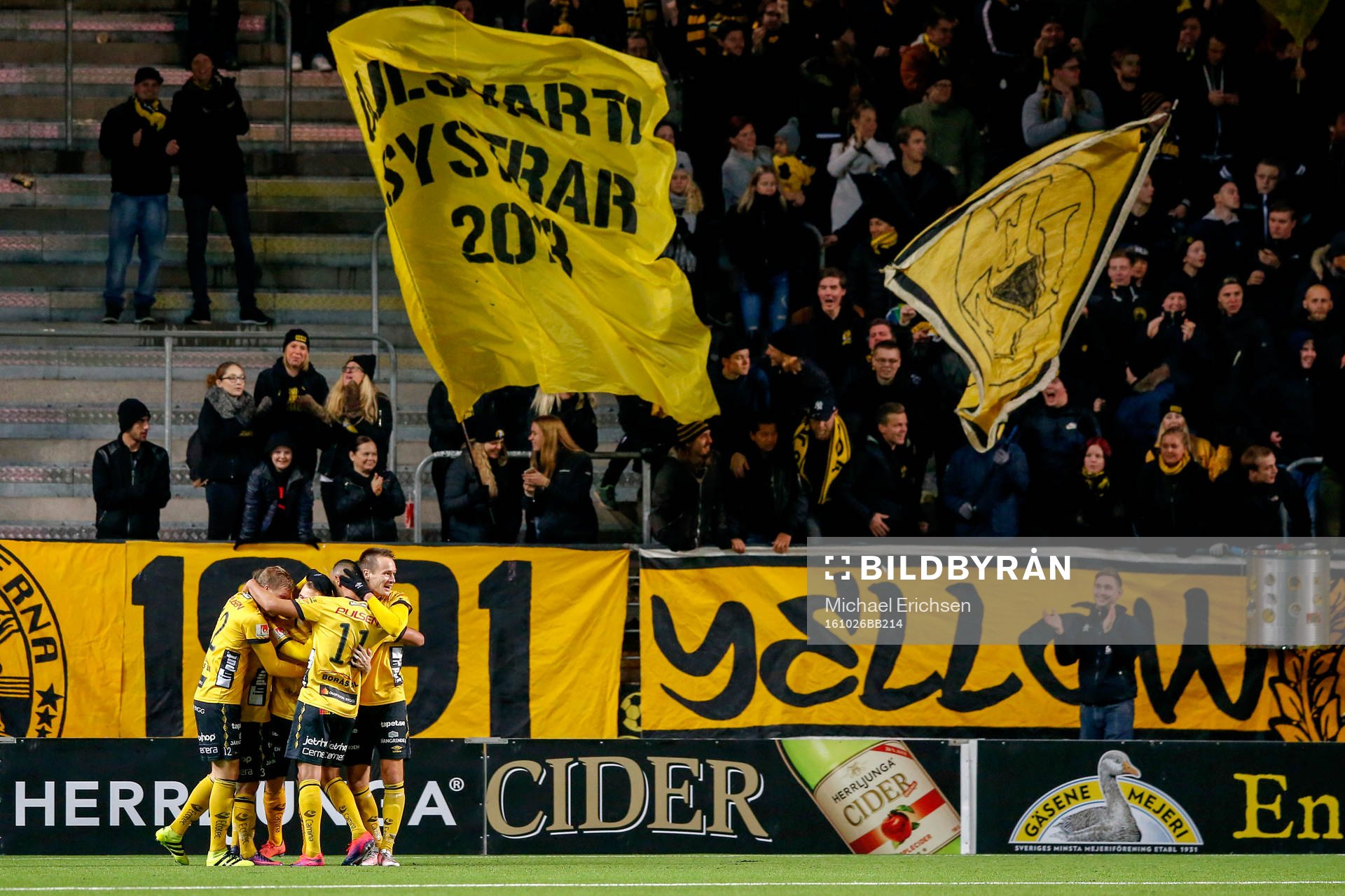 Elfsborgs Jesper Manns jublar med lagkamrater efter 2-0 under fotbollsmatchen i Allsvenskan mellan Elfsborg och Norrköping den 26 oktober 2016 i Borås.
