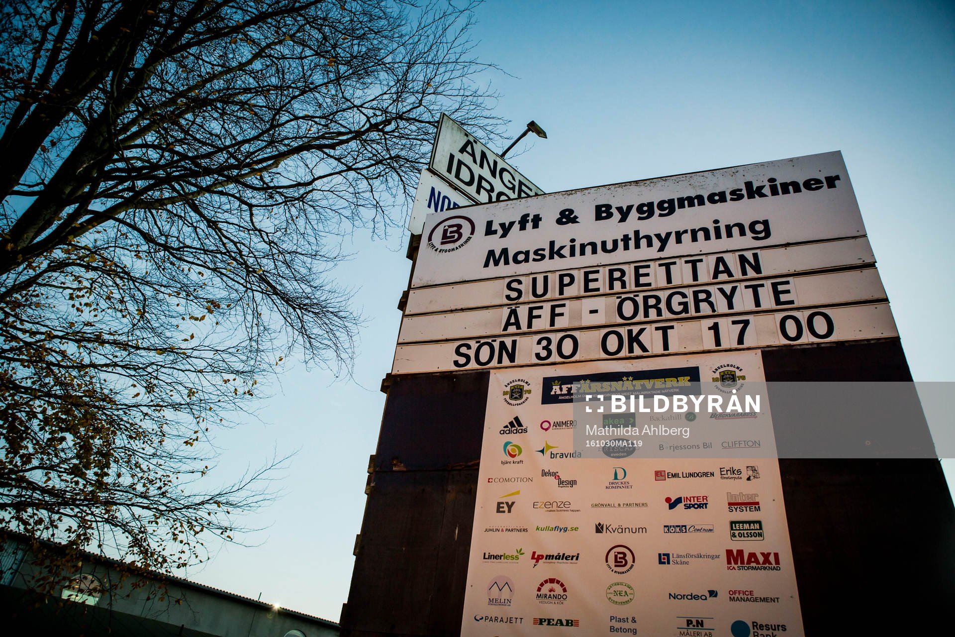 Skylt som annonserar dagens match under fotbollsmatchen i Superettan mellan Ängelholm och Örgryte den 30 oktober 2016 i Ängelholm.