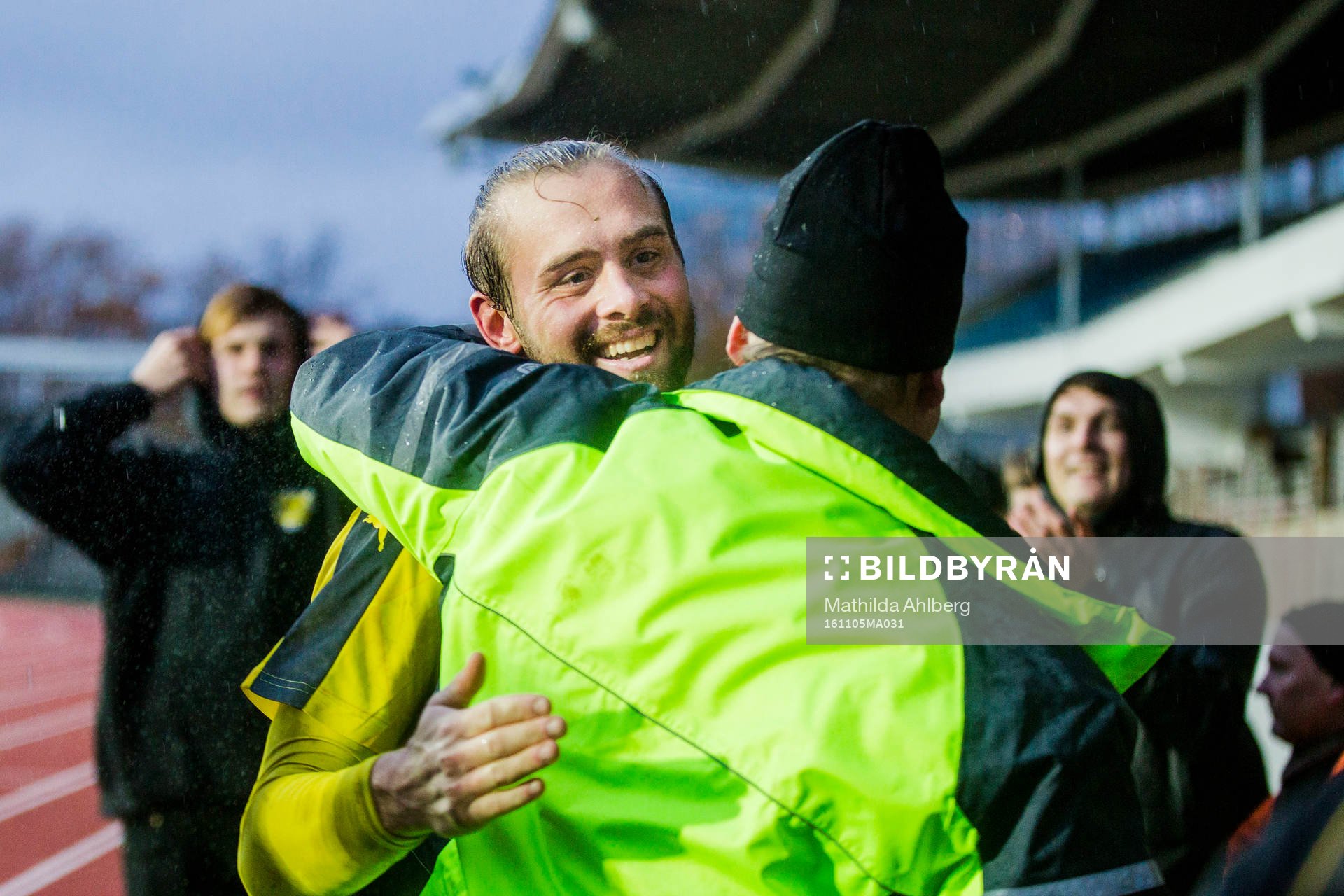 Mjällbys Adam Larsson jublar efter att Mjällbys vunnit med 3-0 i fotbollsmatchen i Division 1 mellan Prespa Birlik och Mjällby den 5 november 2016 i Malmö.
