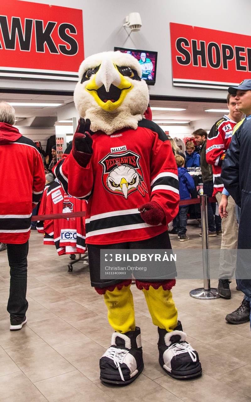 Malmö Redhawks maskot Hawkan innan ishockeymatchen i SHL