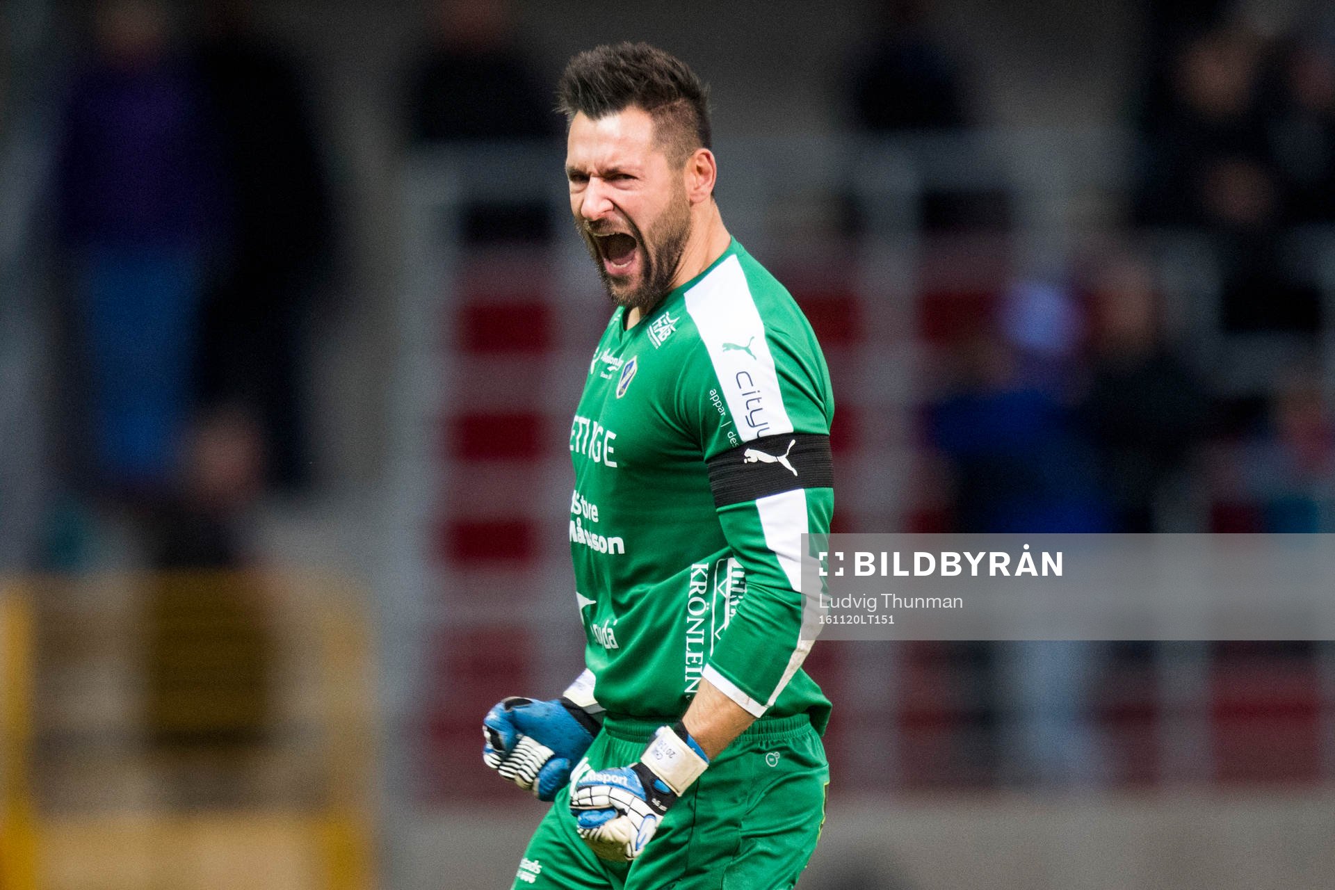 Halmstads målvakt Stojan Lukic jublar efter Marcus Mathisen (ej i bild) gjort 1-2 under fotbollsmatchen i kvalet till Allsvenskan mellan Helsingborg och Halmstad 20 november 2016 i Helsingborg.