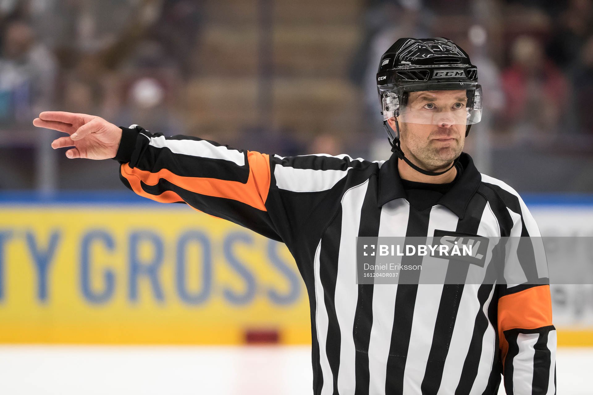 Domare Patrik Sjöberg i ishockeymatchen i SHL mellan