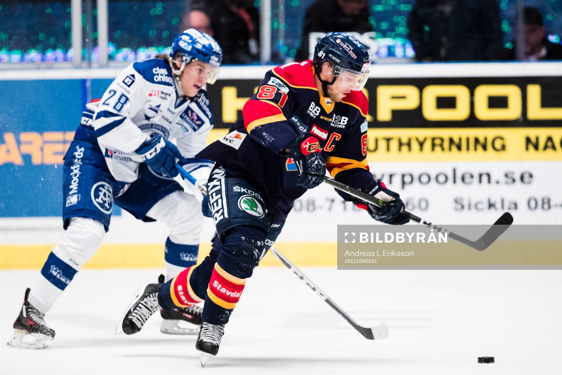Leksands William Wikman i kamp om pucken med Djurgårdens