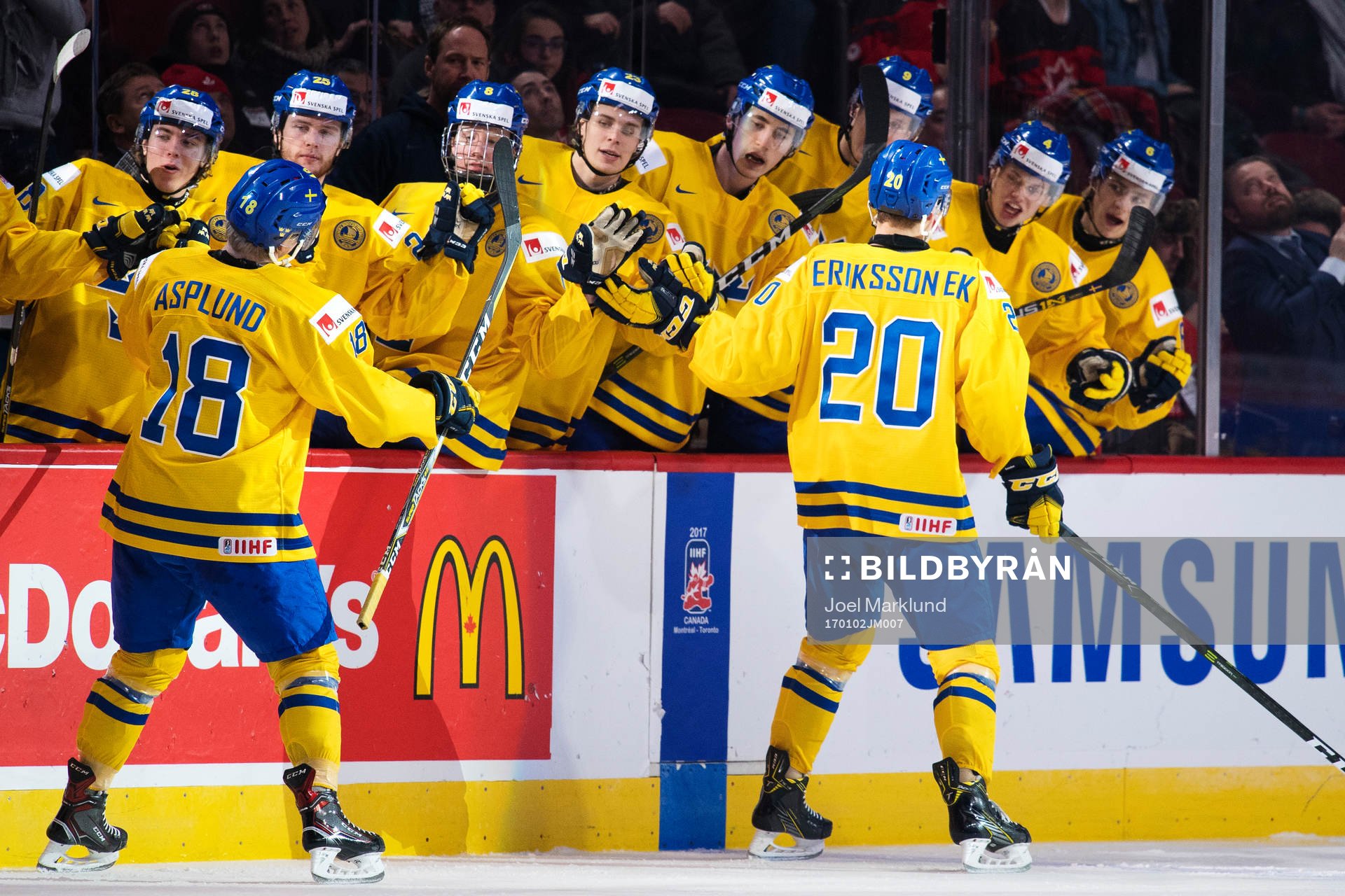 Sveriges Joel Eriksson Ek jublar med lagkamrater