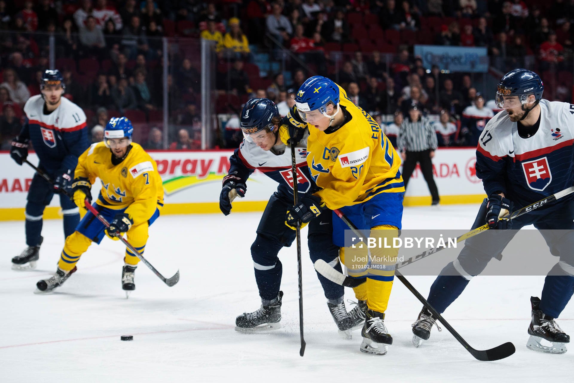 Sveriges Oliver Kylington och Joel Eriksson Ek i ett anfall