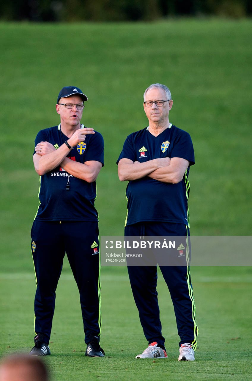 Sveriges förbundskapten Janne Andersson och Lars Lagerbäck