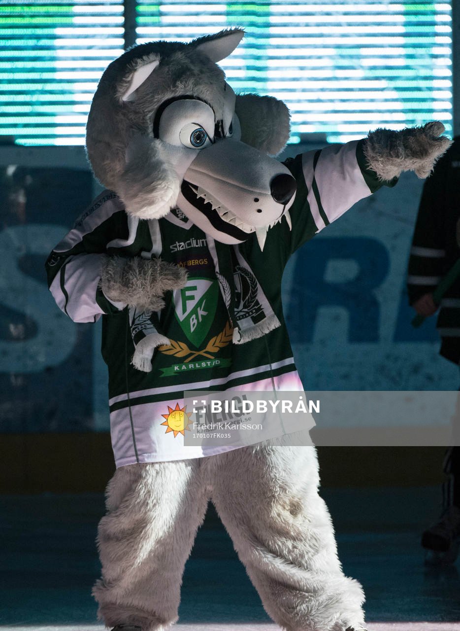 Färjestads maskot Ture Varg innan ishockeymatchen i SHL
