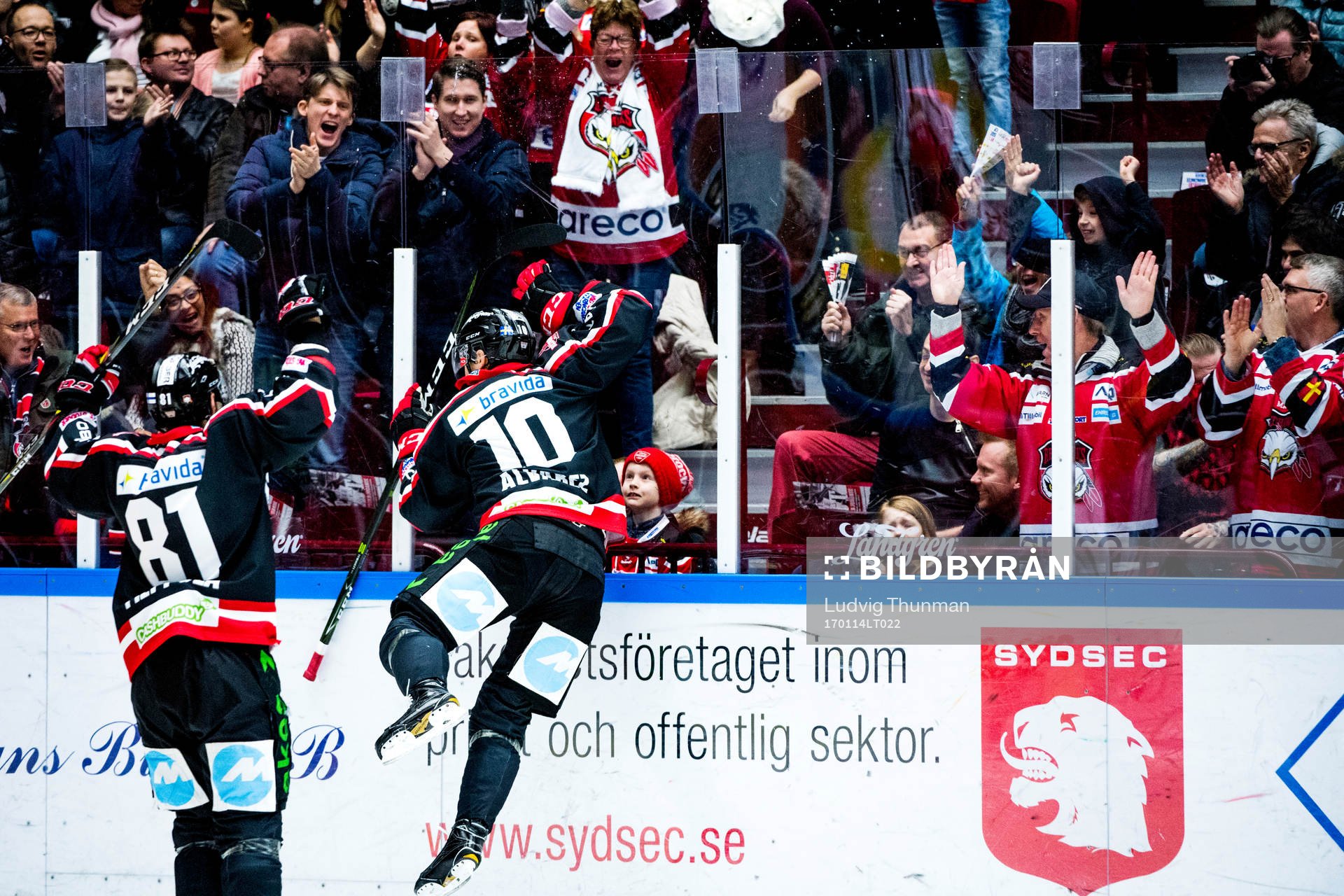 Malmö Redhawks Robin Alvarez jublar mot publiken