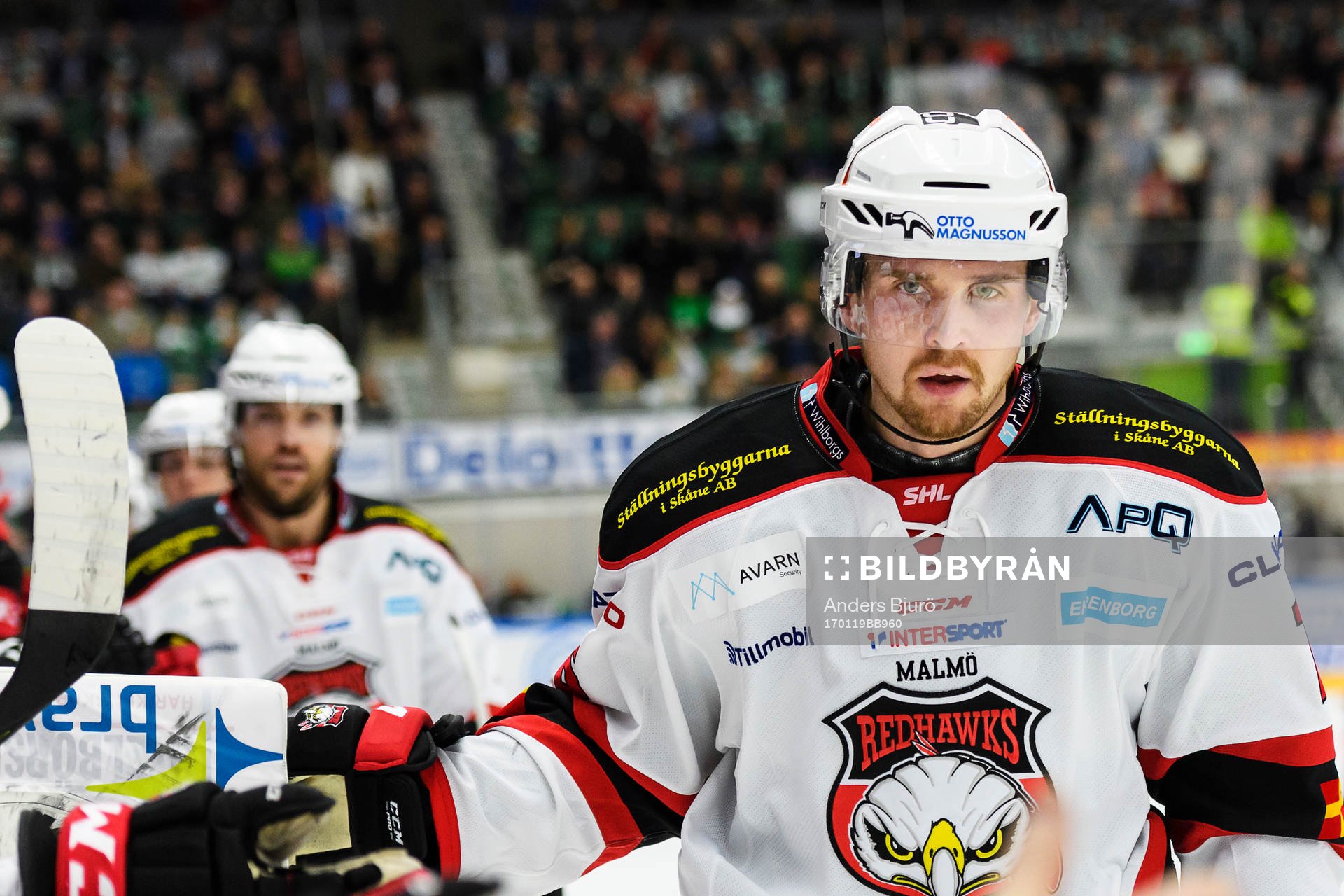 Malmö Redhawks Magnus Häggström jublar med båset