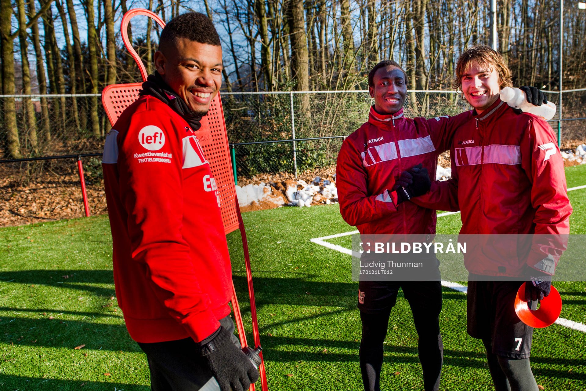 Nijmegens Mikael Dyrestam, Janio Bikel och  Sam Lundholm under en fotbollsträning den 21 januari 2017 i Nijmegen.