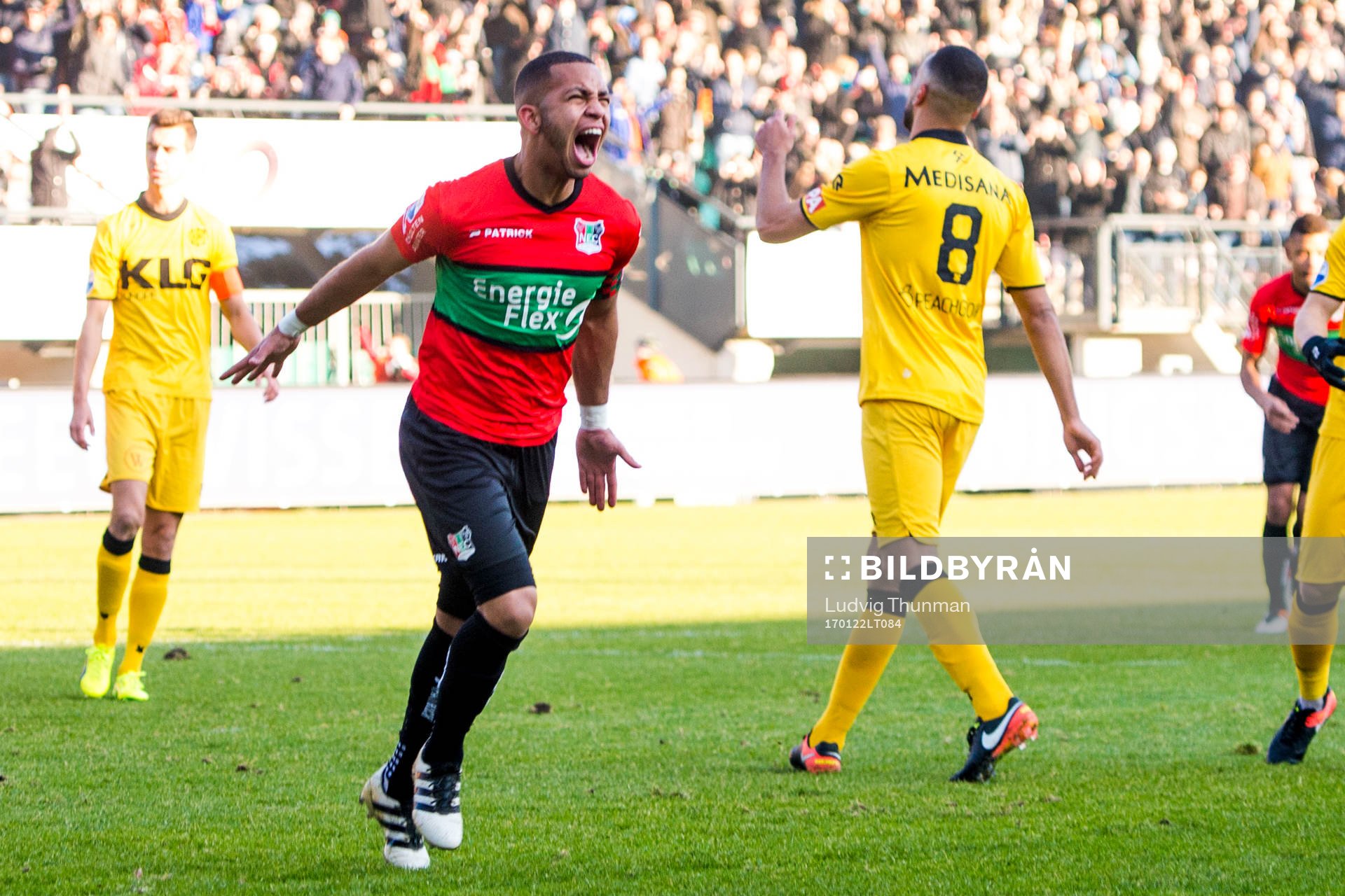 Nijmegens Reagy Ofosu jublar efter 1-0 på straff under fotbollsmatchen i Nederländska ligan den 22 januari 2017 i Nijmegen.