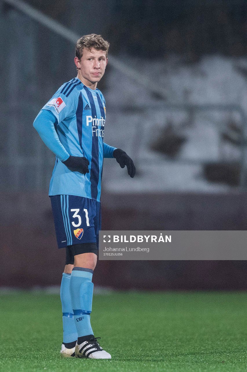 Djurgårdens Marcus Enström  under en träningsmatch i fotboll mellan Vasalund och Djurgården den 25 Januari 2017 i Stockholm. 