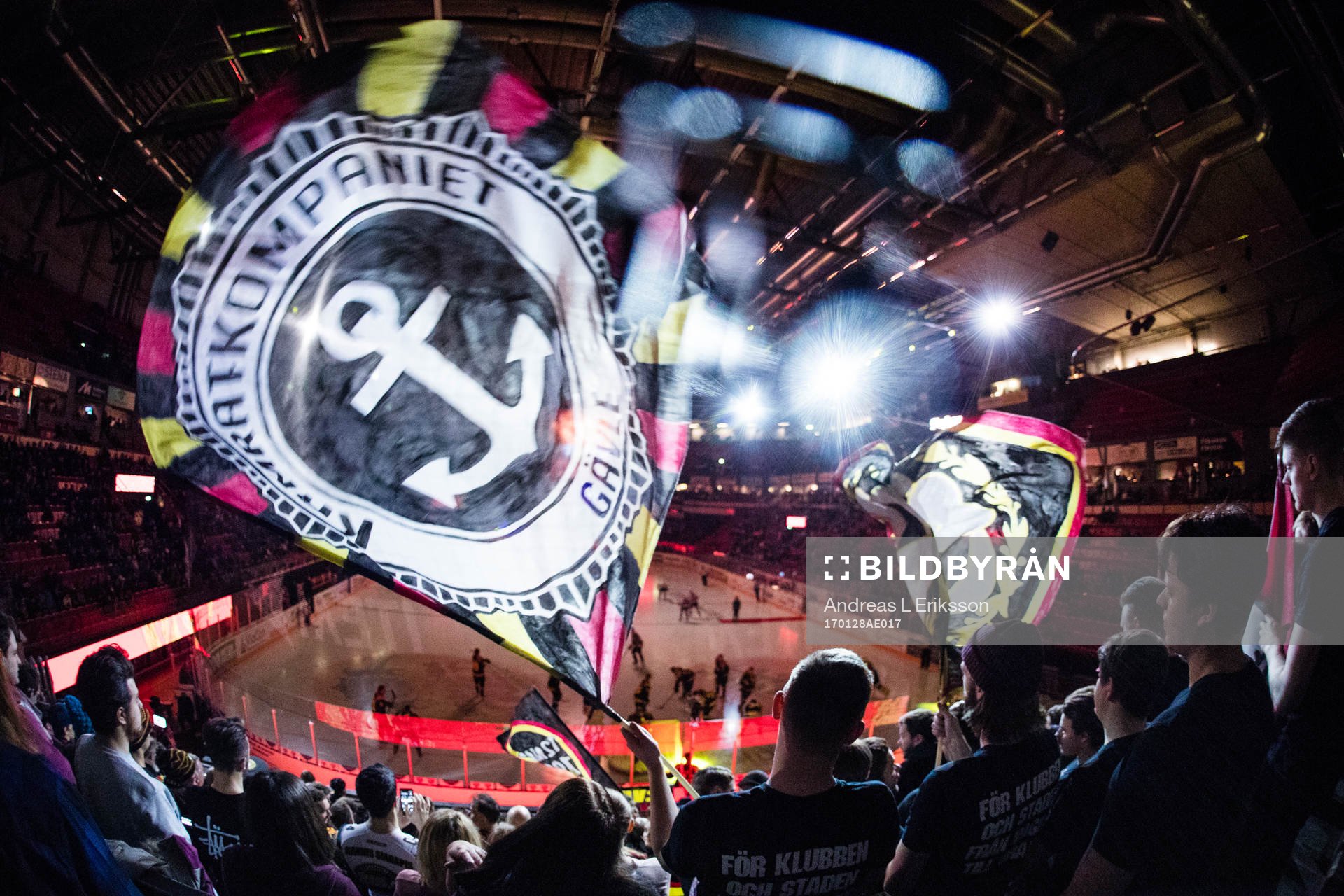 Brynäs supportrar viftar med flaggor när spelarna gör