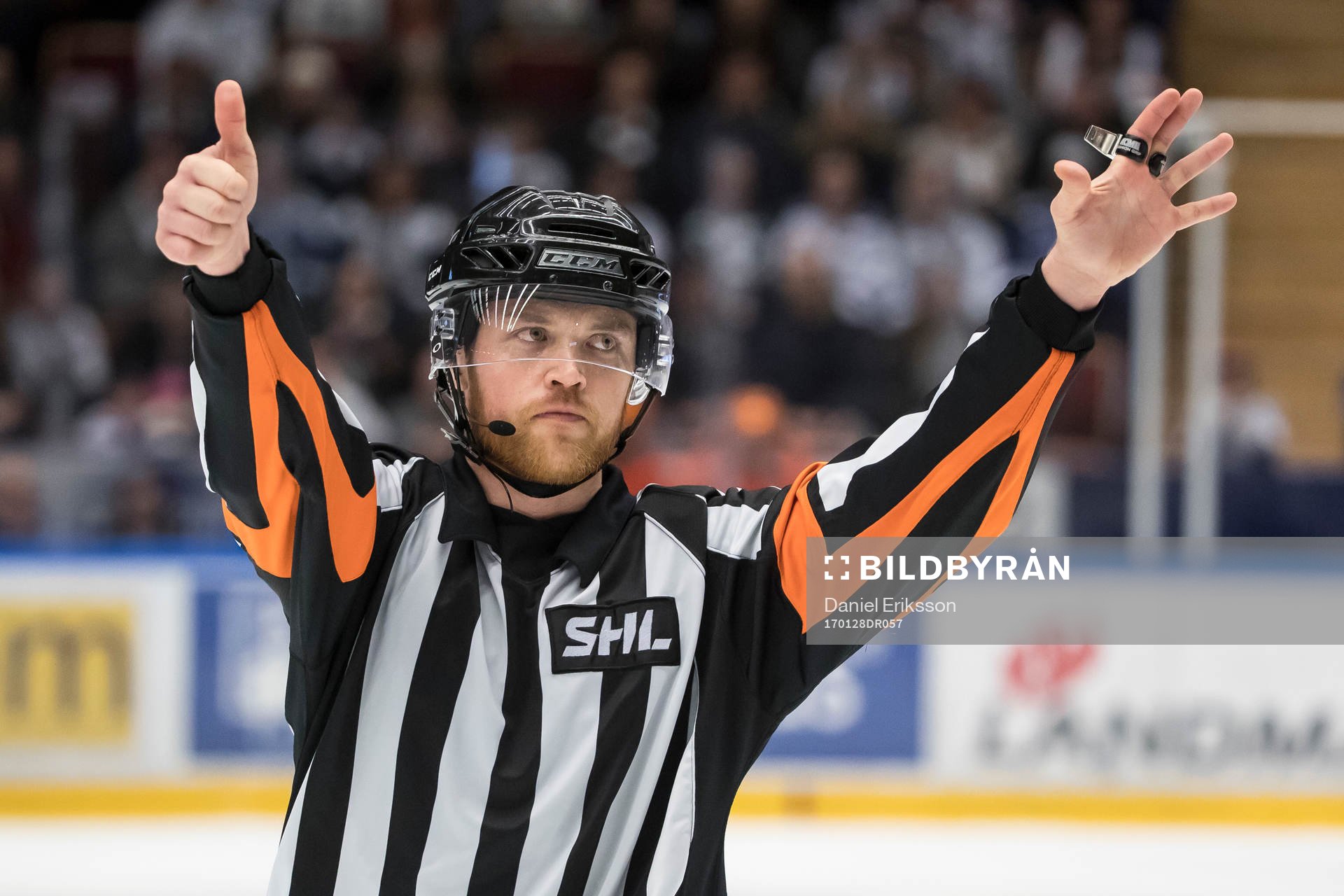 Domare Johan Gossas  i ishockeymatchen i SHL mellan Leksand