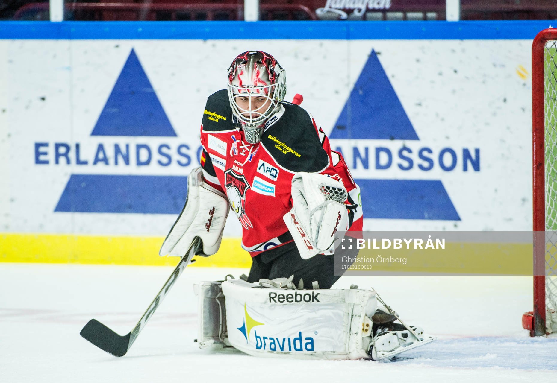 Malmö Redhawks målvakt Anton Malmborg  värmer upp innan