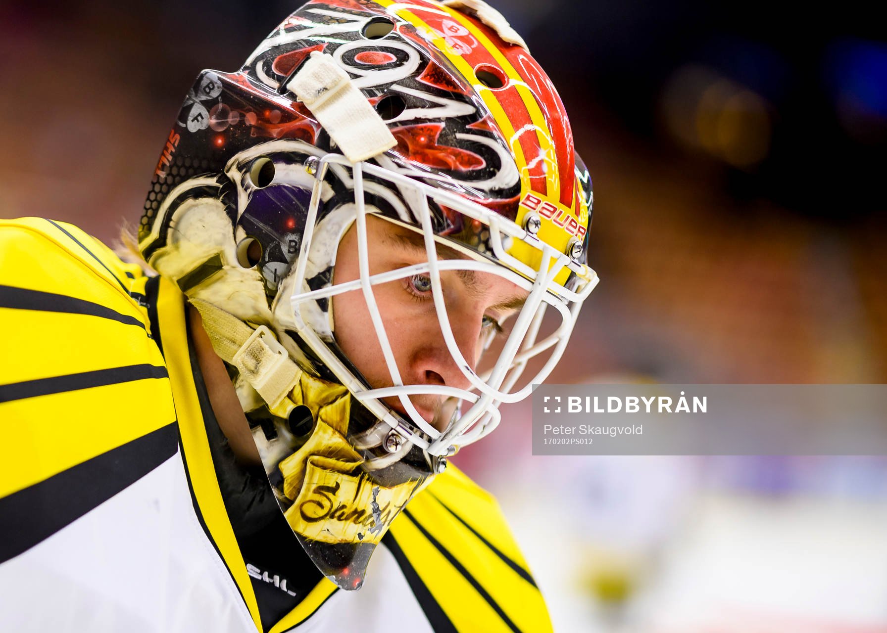 Brynäs målvakt Felix Sandström på uppvärmningen