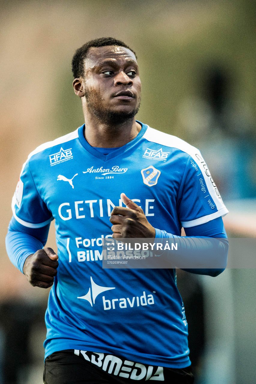 Halmstads Andre Ntambue under en träningsmatch mellan Halmstad och Elfsborg den 3 februari 2017 i Salou.