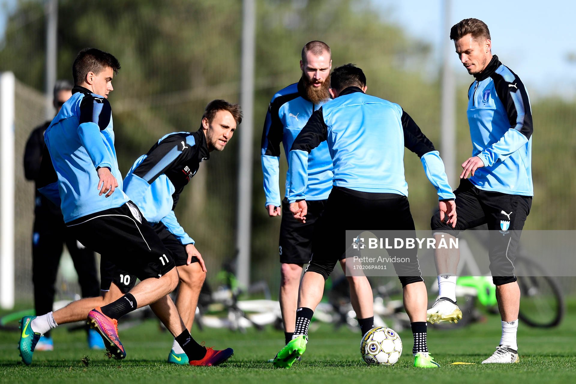 Malmö FFs Alexander Jeremejeff, Magnus Wolff Eikrem, Jo Inge Berget och Markus Rosenberg under en träning på ett träningsläger med Malmö FF den 6 februari 2017 i Salou.