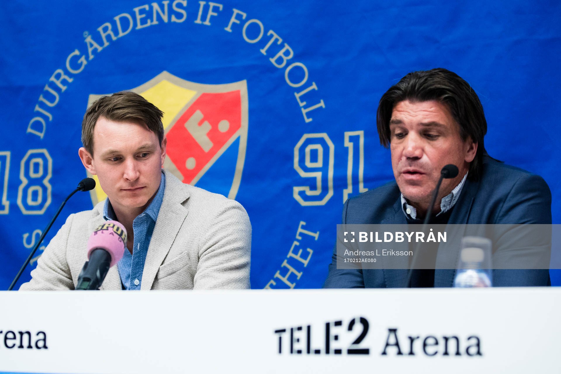 Djurgårdens Kim Källström och sportchef Bo Andersson på en presskonferens efter träningsmatchen i fotboll mellan Djurgården och Vålerengen den 12 februari 2017 i Stockholm.