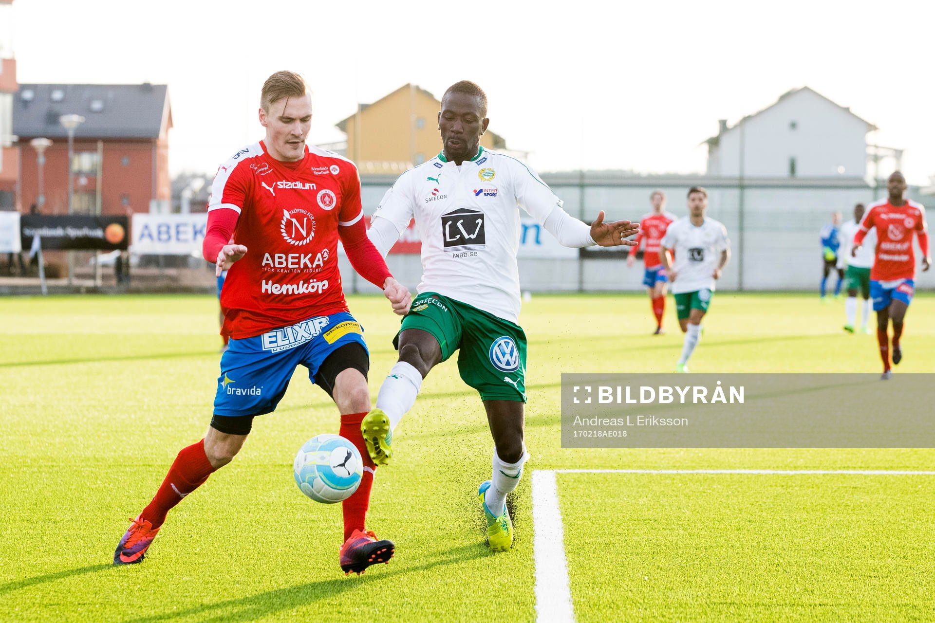 Nyköpings Pontus Nordenberg i kamp om bollen med Hammarbys Pa Amat Dibba under fotbollsmatchen i Svenska Cupen mellan Nyköping och Hammarby den 18 februari 2017 i Nyköping.