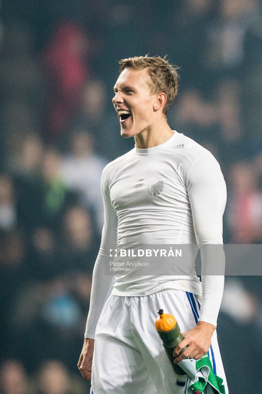 FC Köpenhamns Ludwig Augustinsson jublar efter fotbollsmatchen i Europa League mellan Köpenhamn och Ludogorets den 23 februari 2017 i Köpenhamn.