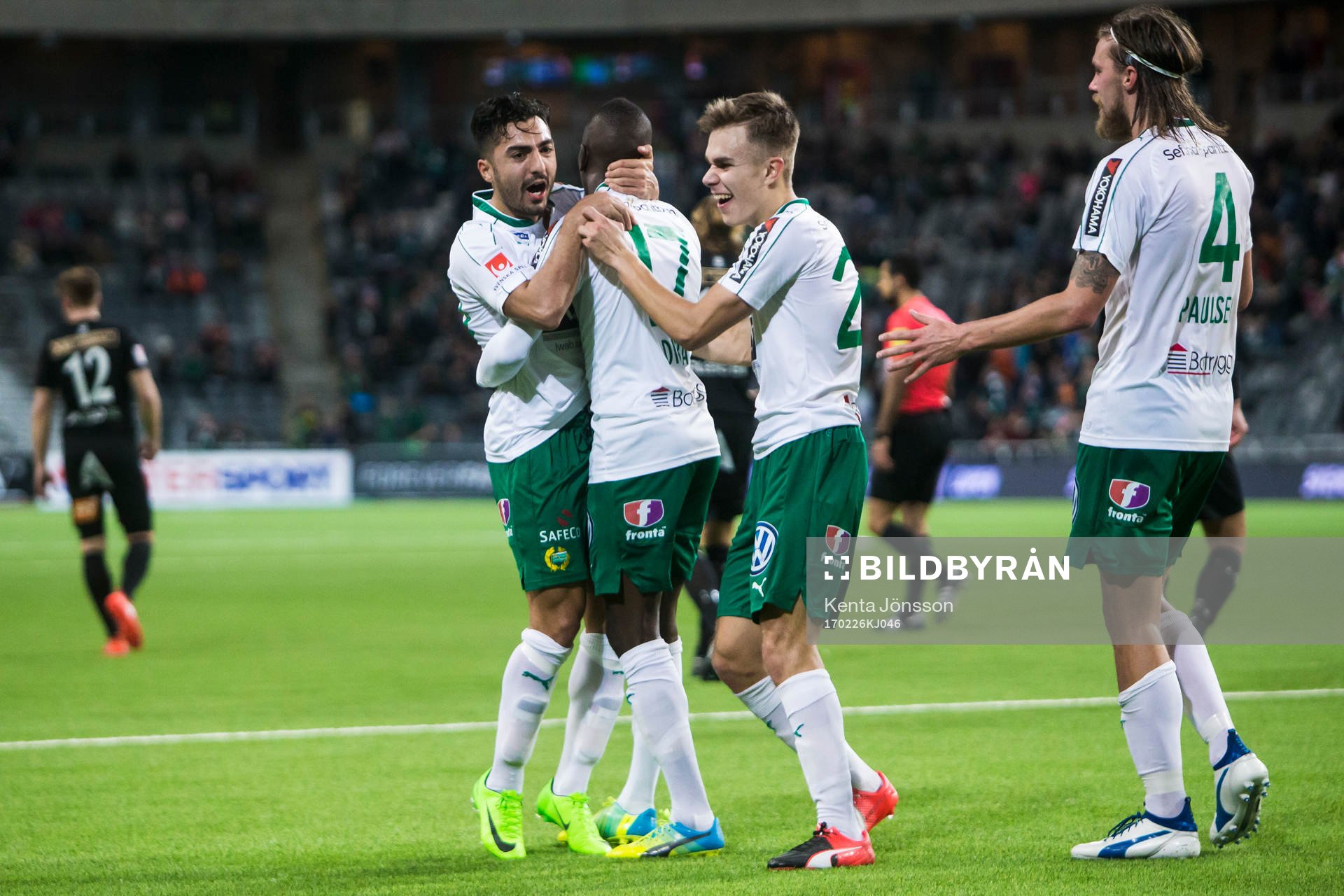 Hammarbys Jiloan Hamad och Dusan Jajic jublar med Pa Amat Dibba efter 3-3 under fotbollsmatchen i Svenska Cupen mellan Hammarby och Varberg den 26 Februari 2017 i Stockholm.