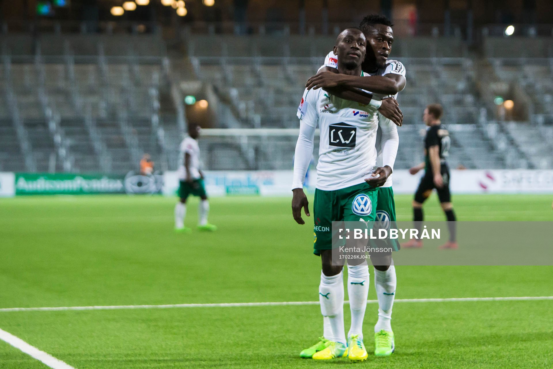 Hammarbys Pa Amat Dibba jublar med Gershon Koffie efter 3-3 under fotbollsmatchen i Svenska Cupen mellan Hammarby och Varberg den 26 Februari 2017 i Stockholm.