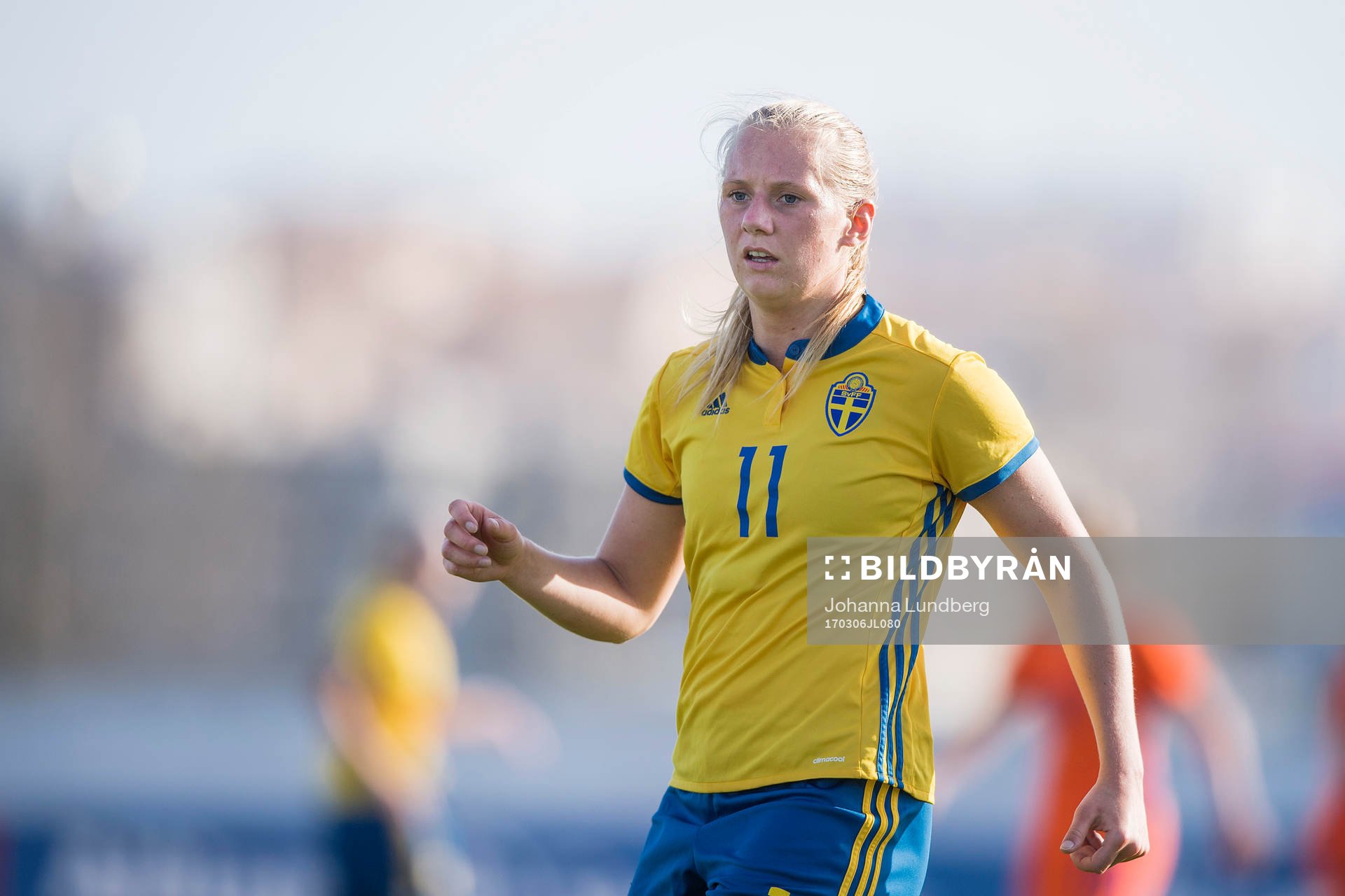 Sveriges Stina Blackstenius under en fotbollsmatch i Algarve Cup mellan Sverige och Holland den 6 mars 2017 i Lagos.