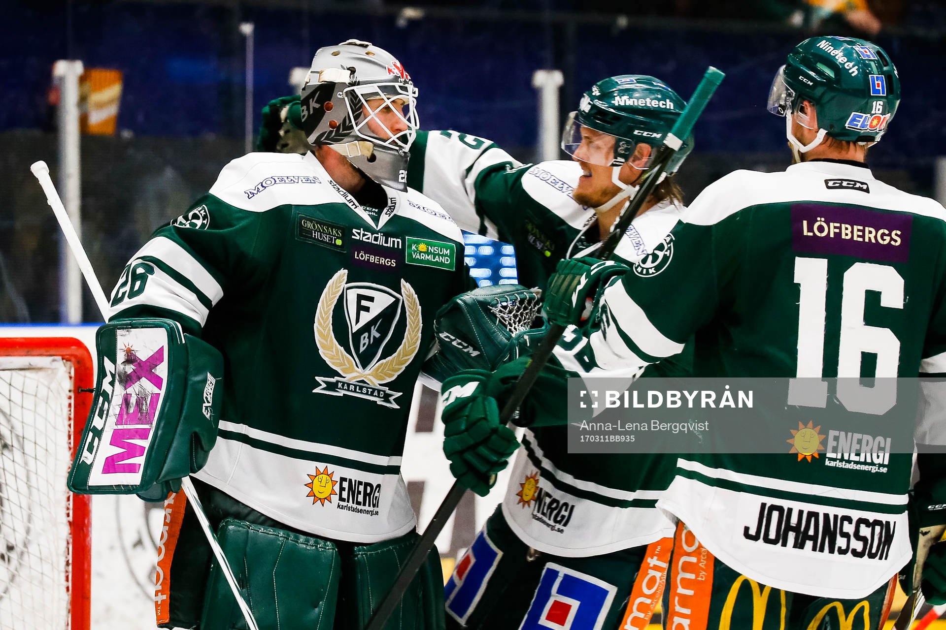 Färjestads målvakt Stefan Steen, Magnus Nygren och
