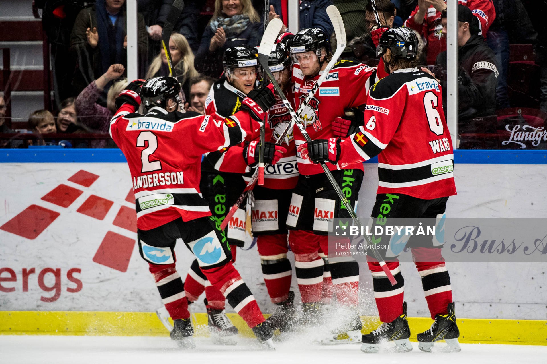 Malmö Redhawks spelare jublar med Mathias Tjärnqvist